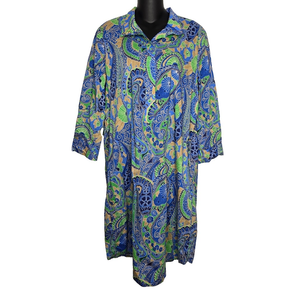 J McLaughlin Paisley Shirt Dress Medium Green Blue 100% Cotton Collared Pockets